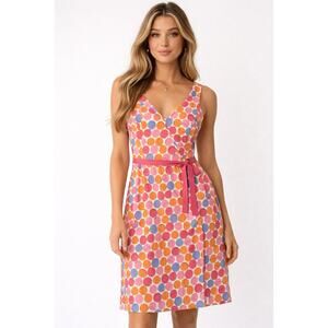 Boden Pink Orange Blue Polka Dot V-Neck Midi Dress with Tie Waist